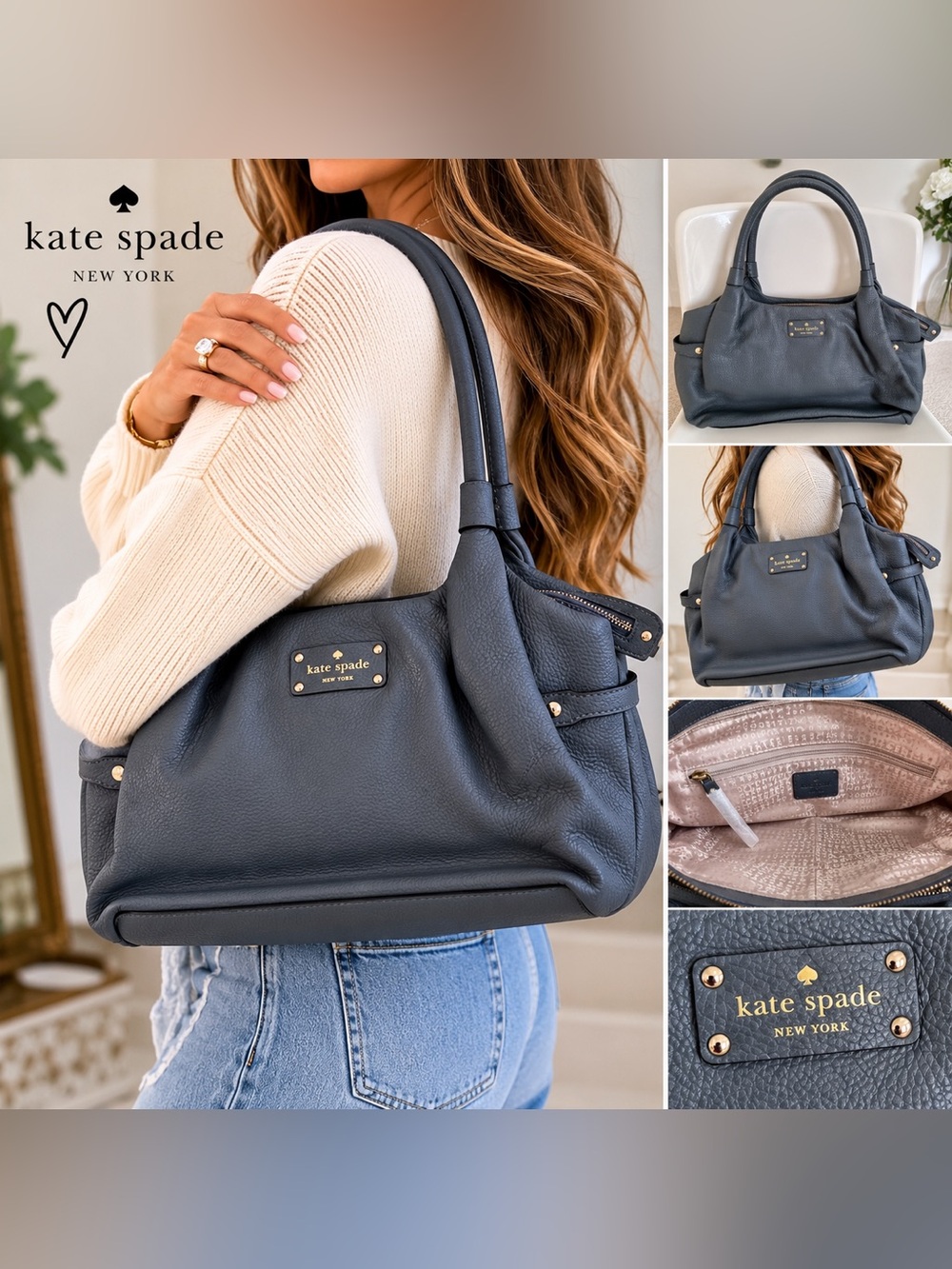 NWOT Kate Spade Pebbled Leather Satchel Luxury Slate Blue Gray Bag